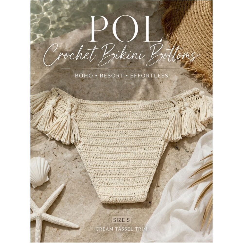 ✨ POL Crochet Bikini Bottoms Cream Tassel Trim Size S Boho Resort ✨